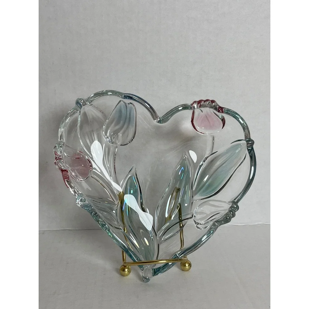 Vintage Mikasa Crystal Heart Bowl Cottagecore Iridescent Embossed Tulip Glass